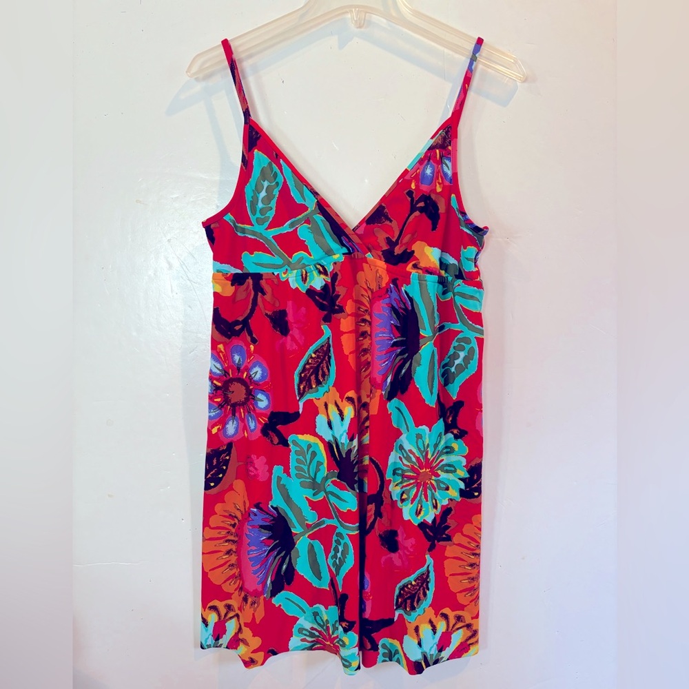 Lucky Brand Sz M-L Red and Blue Vibrant Floral Bathing Suit DRESS